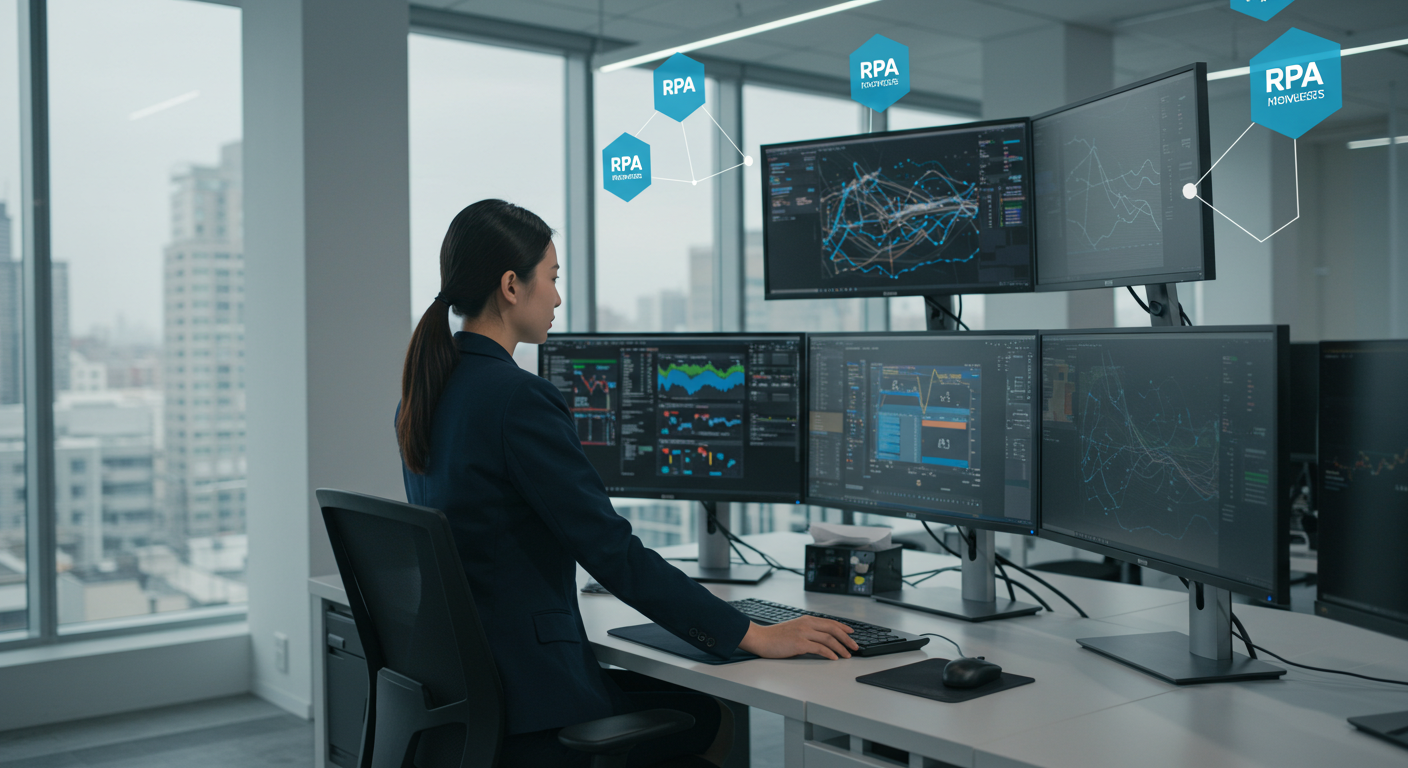 A professional in a business suit overseeing automated processes on a computer screen in an office environment, symbolizing the implementation of RPA bots.