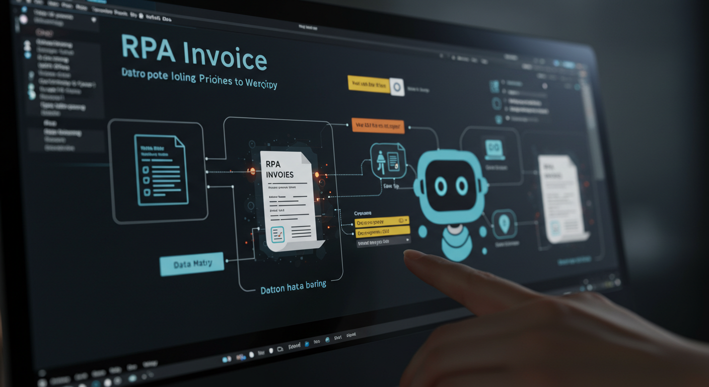 A close-up of a computer screen showing an RPA bot working behind the scenes to process invoices and manage data entry.