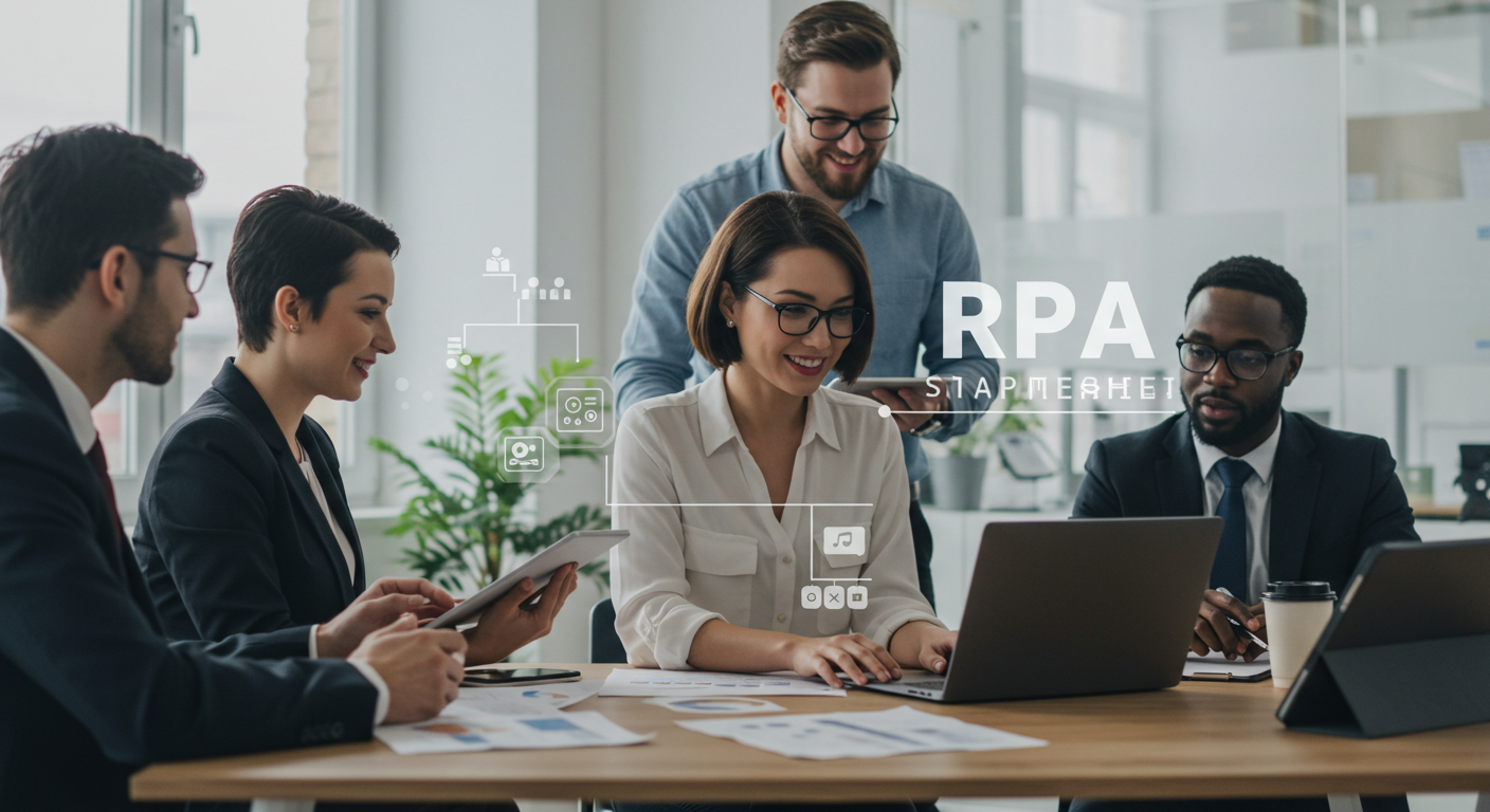 A professional team collaborating on an RPA implementation strategy in a modern office.