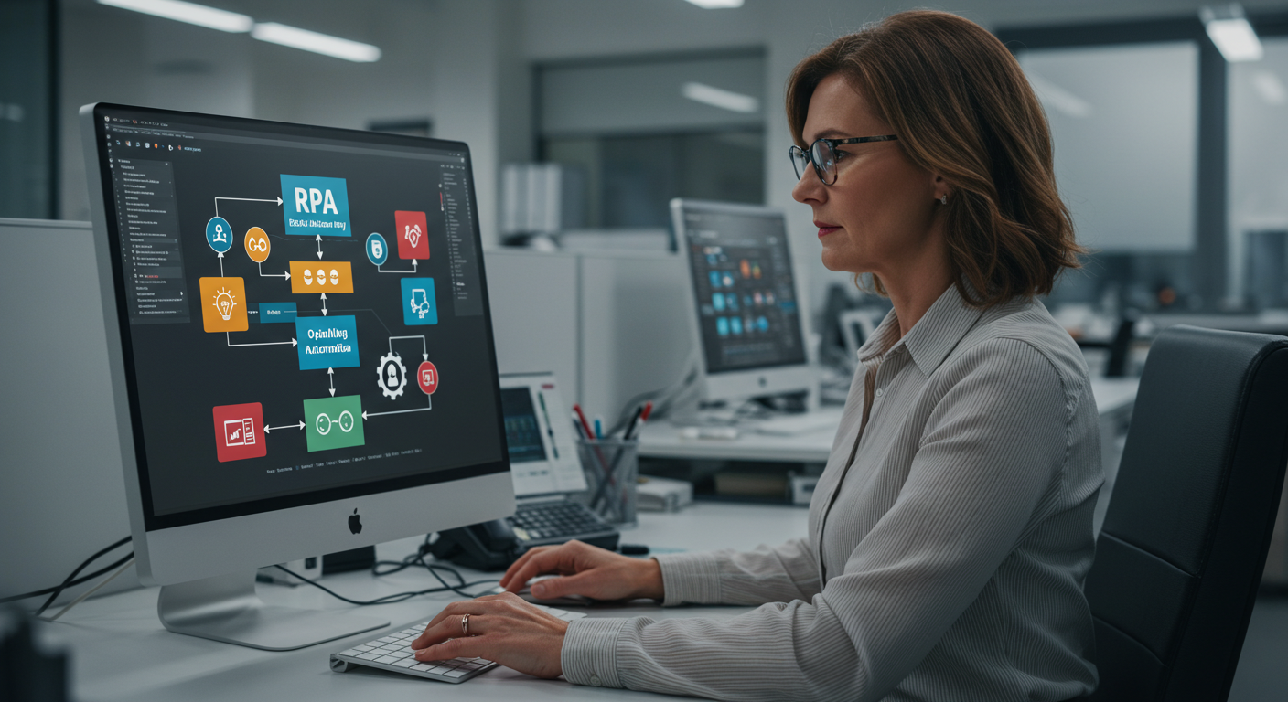 A government employee reviewing automated systems on a computer.