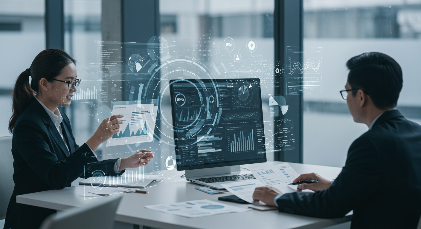 A futuristic HR department where RPA software is handling payroll calculations, tax deductions, and compliance reporting.