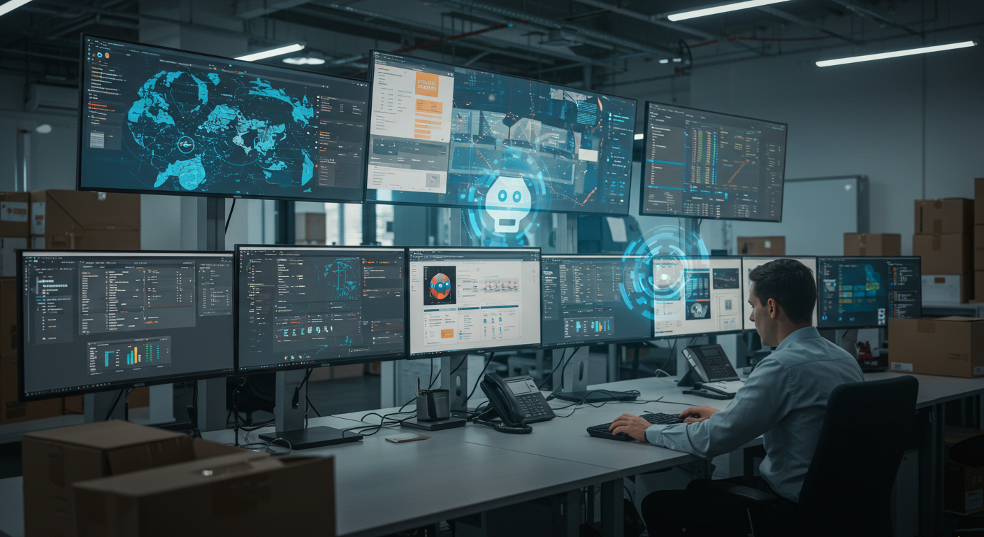 A high-tech logistics office with multiple computer screens showing RPA software in action.