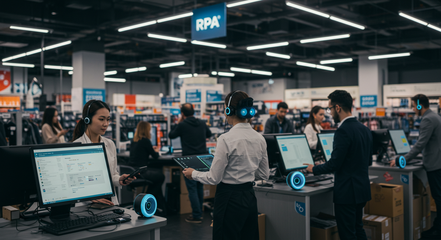A busy retail environment where RPA software is streamlining the customer service process.