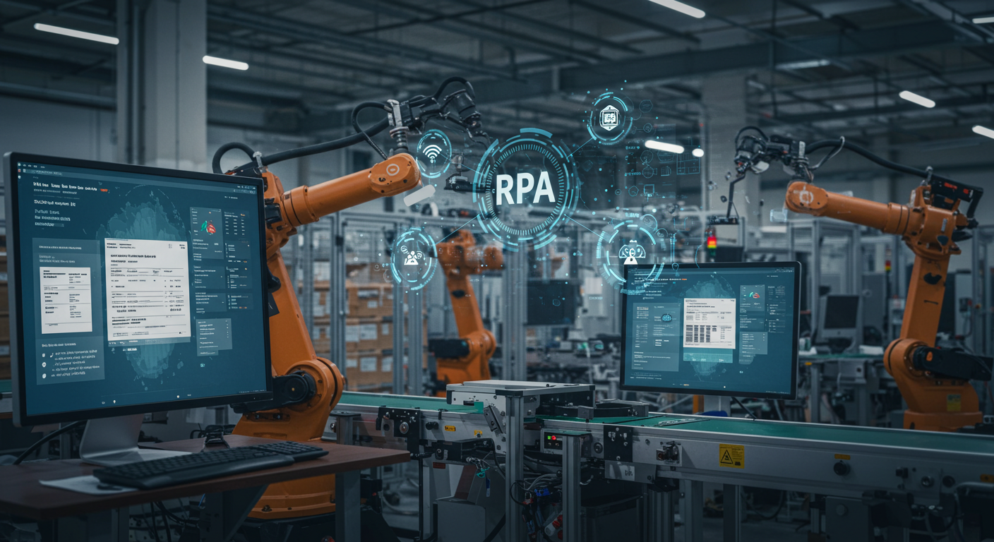 A modern manufacturing floor with robotic arms working on assembly lines, while RPA software is running on computer screens in the background.
