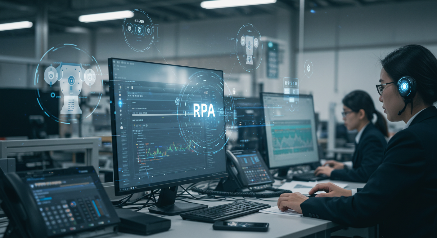 A busy factory back office with RPA software automating administrative tasks such as data entry, invoice validation, and reporting.