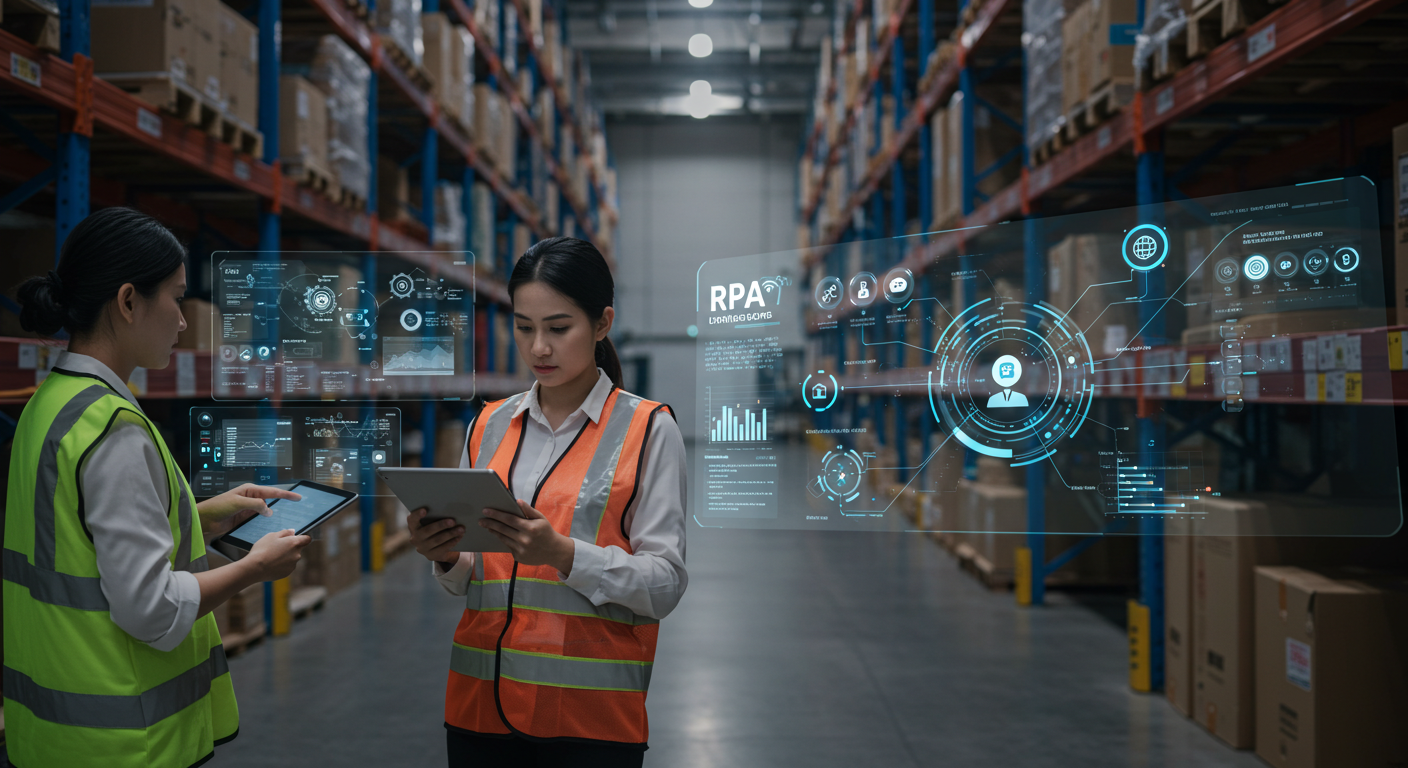A logistics warehouse with digital screens displaying RPA software tracking inventory in real-time.